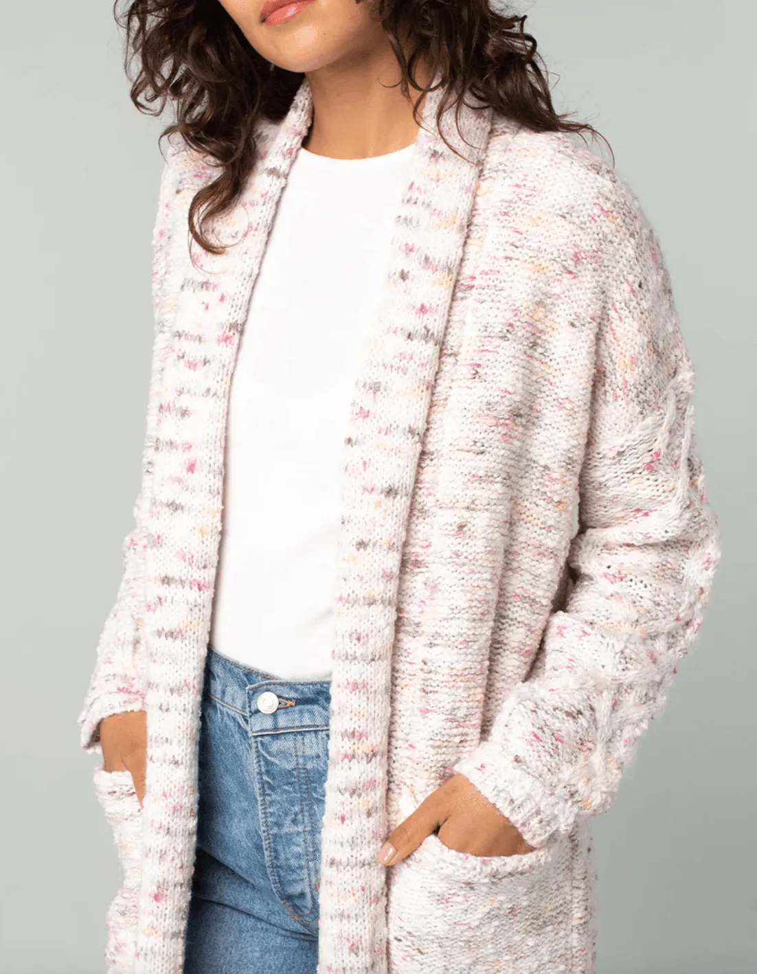 51028K LS Speckled Shawl Collar Long Sleeve Knit Cardigan