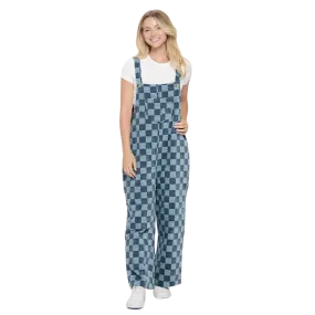 70's Style Checkered Flared Cotton Overall - NAVY