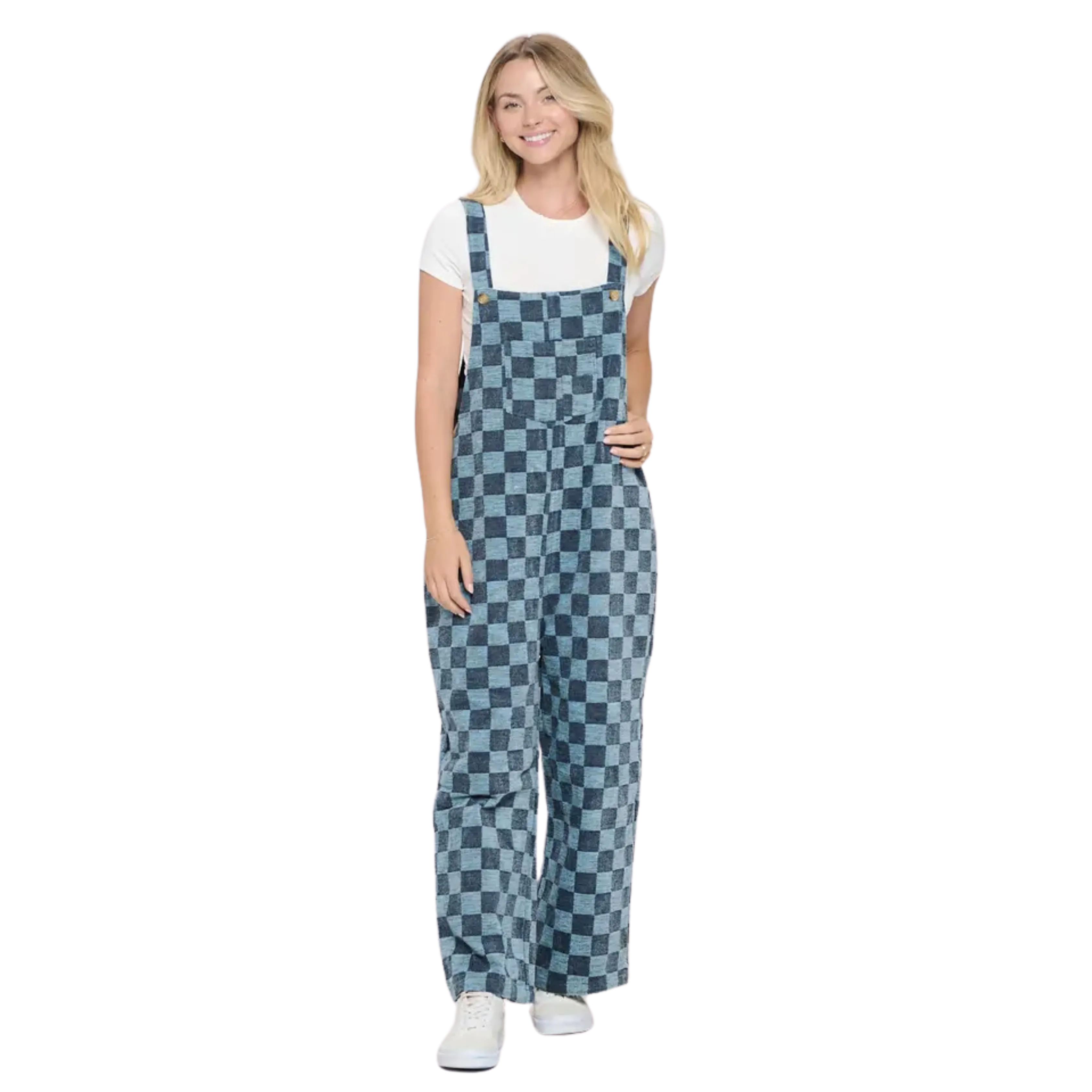 70's Style Checkered Flared Cotton Overall - NAVY