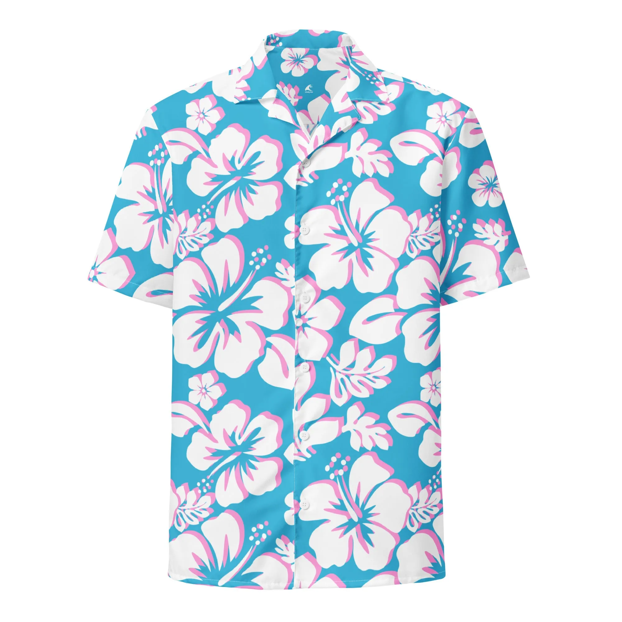 Aqua Blue, White and Pink Hawaiian Aloha Shirt