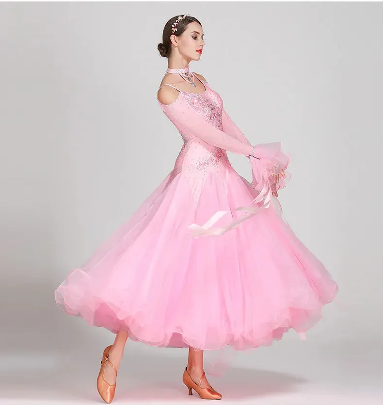 #B103 Stunning Off Shoulder Ribbon Ballroom Dance Dress- Ballroom Dance Competition Dress -Waltz Foxtrot -Rumba Dance Costumes