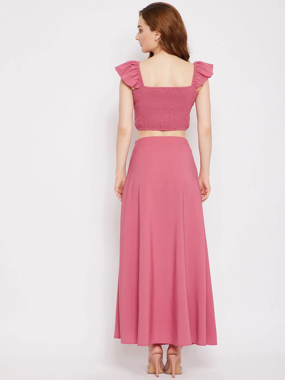 Berrylush Women Solid Pink Square Neck Crepe Smocked Co-Ordinate Maxi Dress