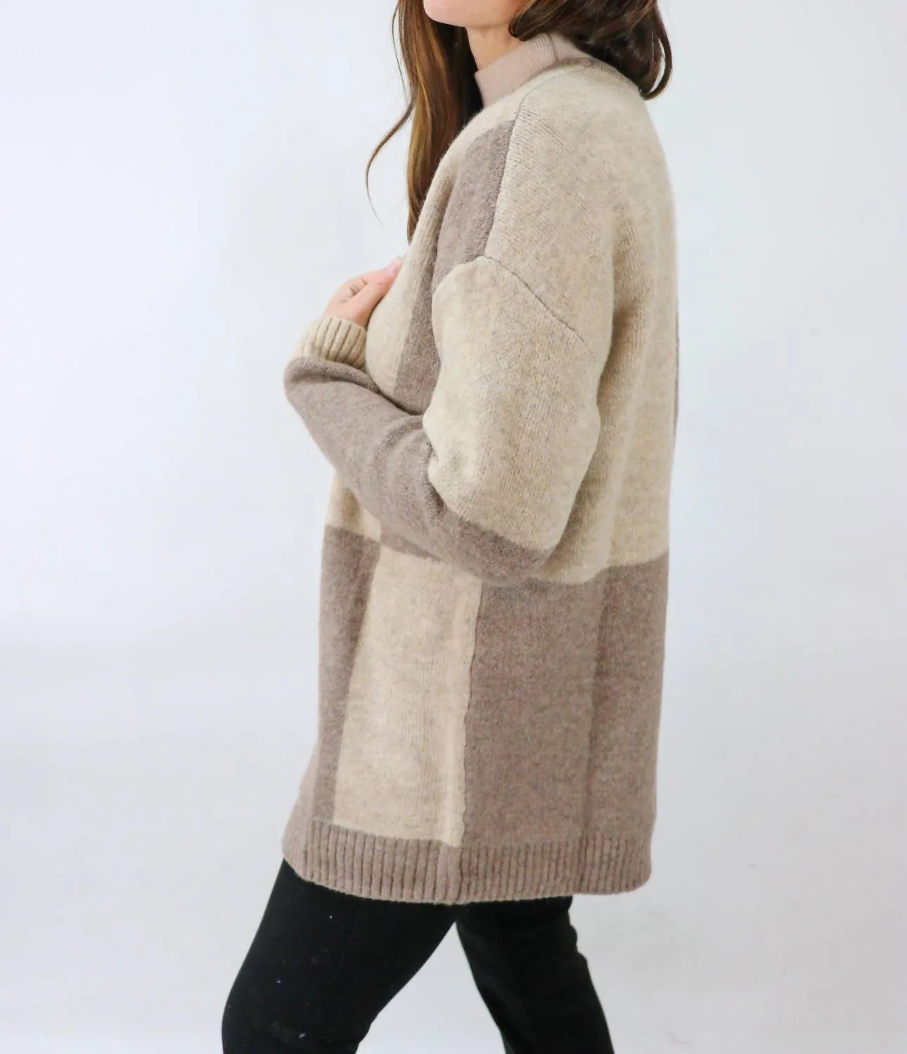 Beyond The Horizon Color Block Oversized Open Cardigan in Camel Multi