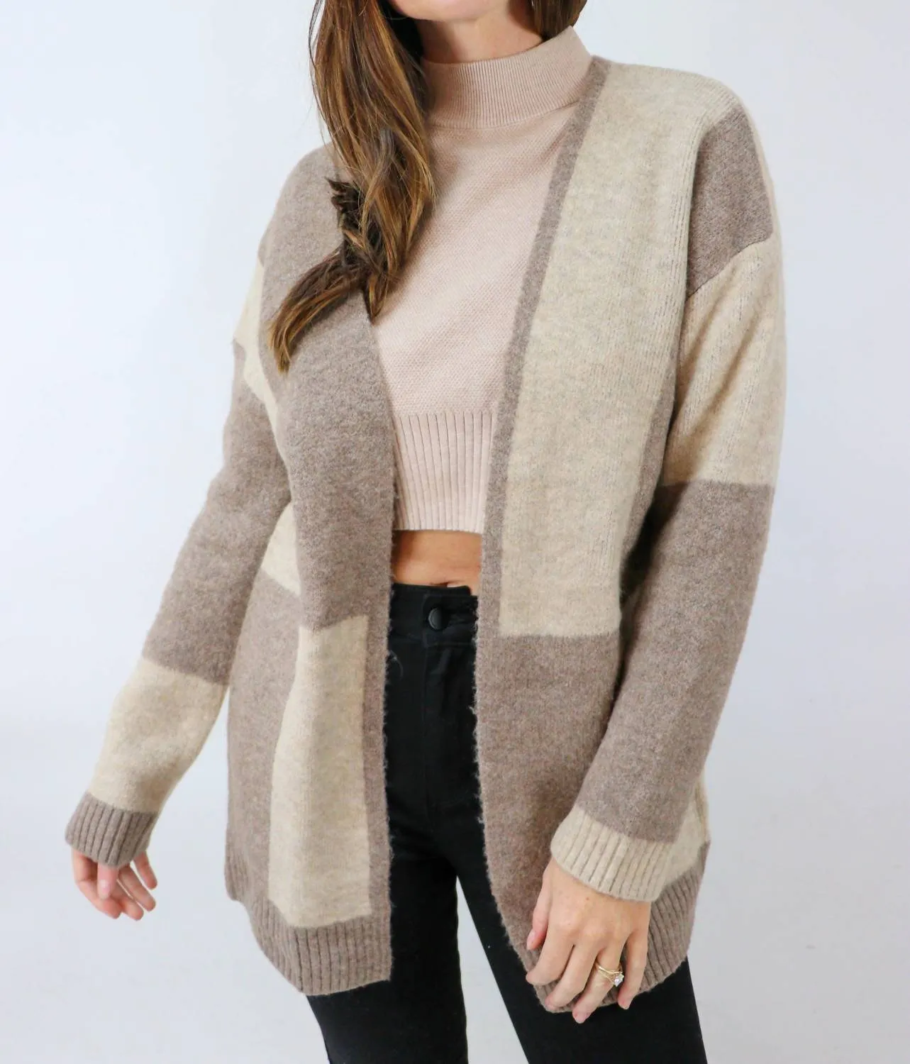 Beyond The Horizon Color Block Oversized Open Cardigan in Camel Multi