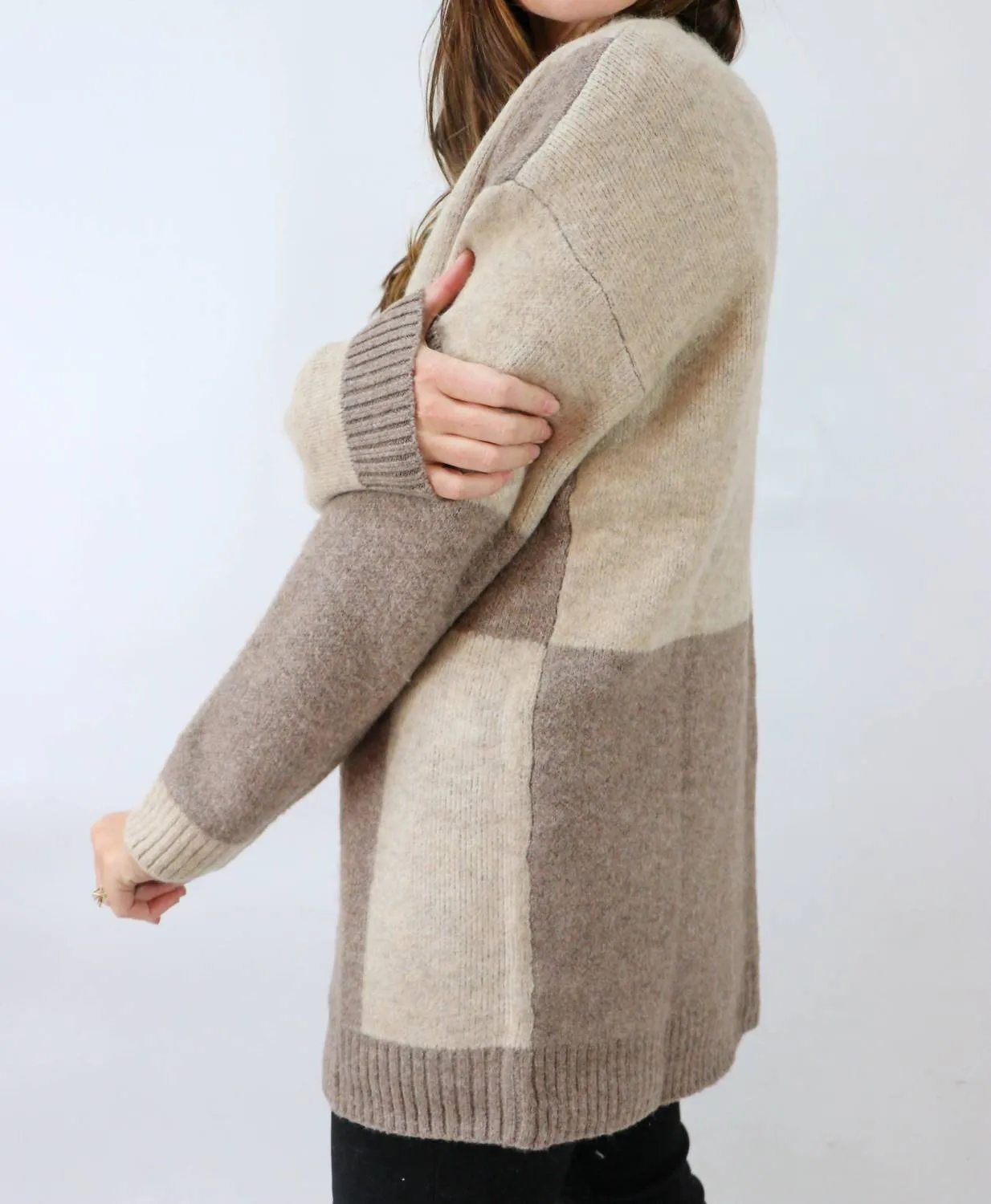 Beyond The Horizon Color Block Oversized Open Cardigan in Camel Multi