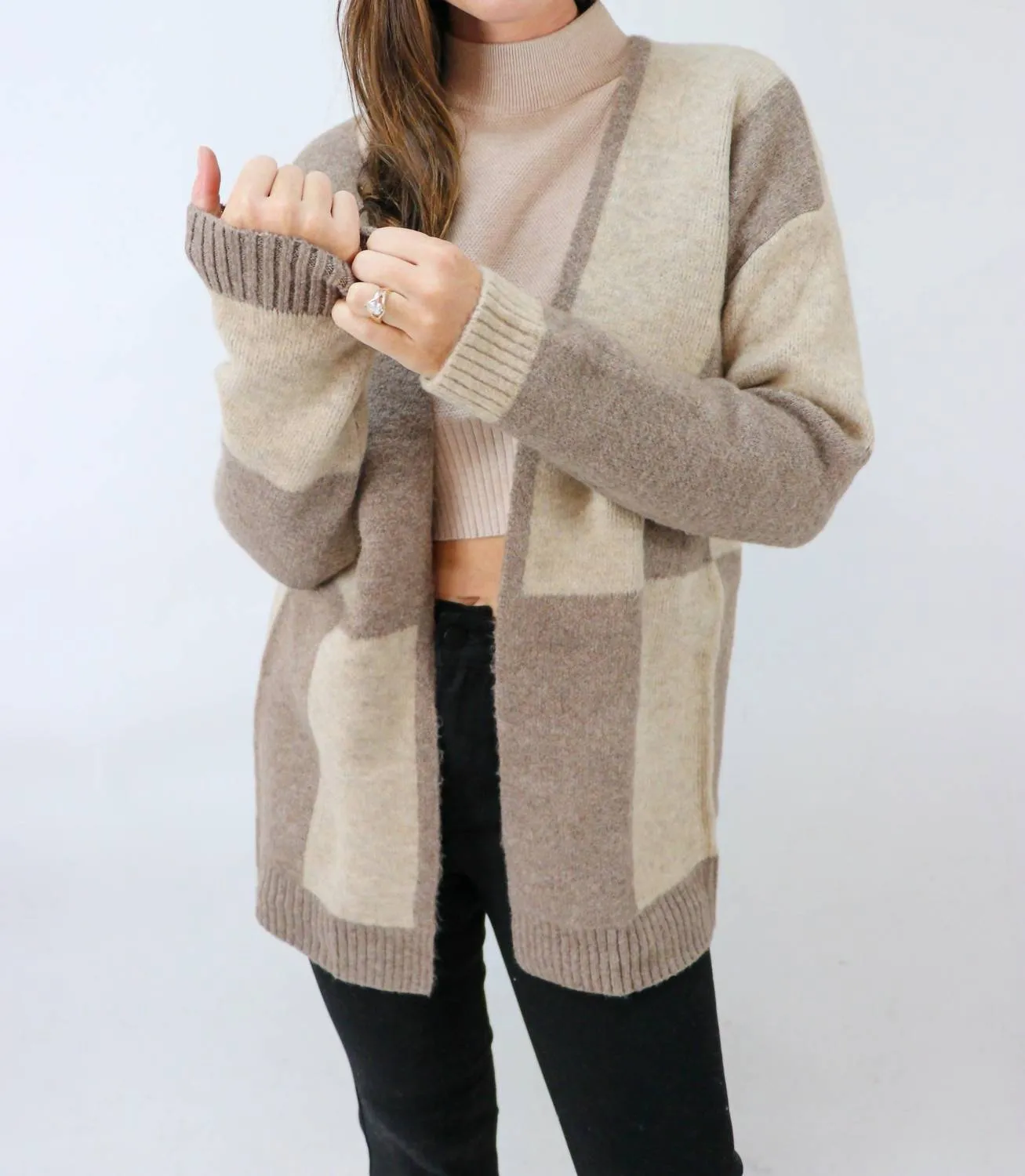 Beyond The Horizon Color Block Oversized Open Cardigan in Camel Multi