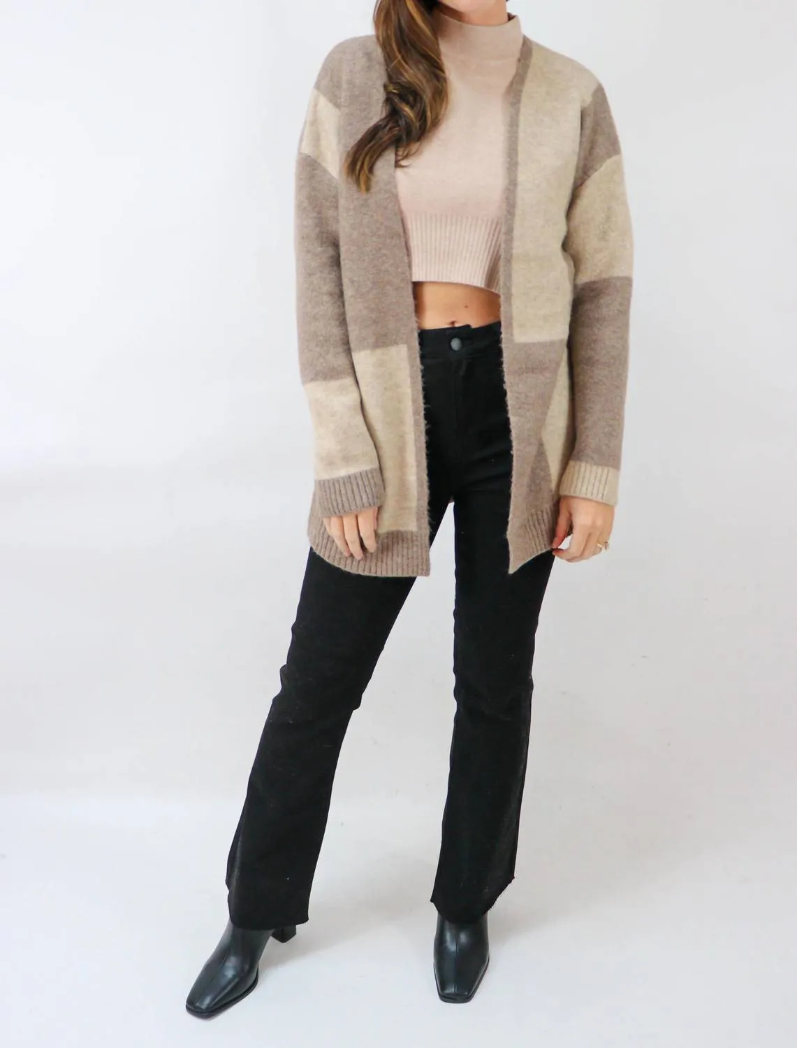 Beyond The Horizon Color Block Oversized Open Cardigan in Camel Multi