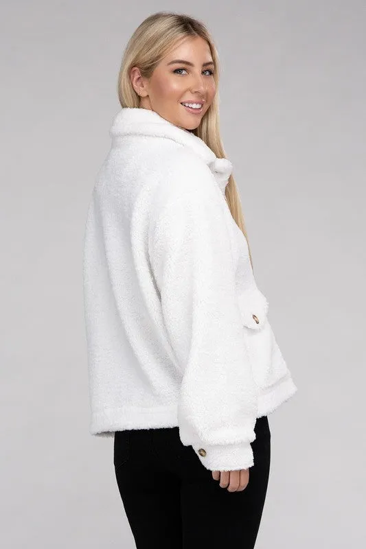 Black Cozy Sherpa Button-Front Jacket