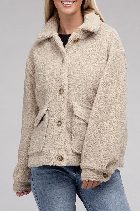 Black Cozy Sherpa Button-Front Jacket