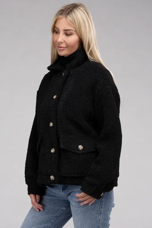 Black Cozy Sherpa Button-Front Jacket