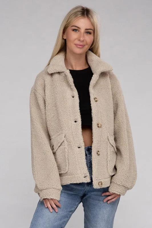 Black Cozy Sherpa Button-Front Jacket