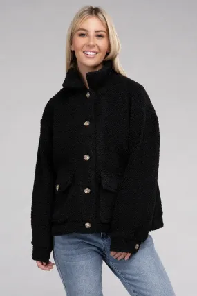 Black Cozy Sherpa Button-Front Jacket