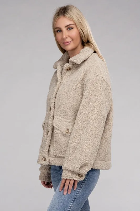 Black Cozy Sherpa Button-Front Jacket