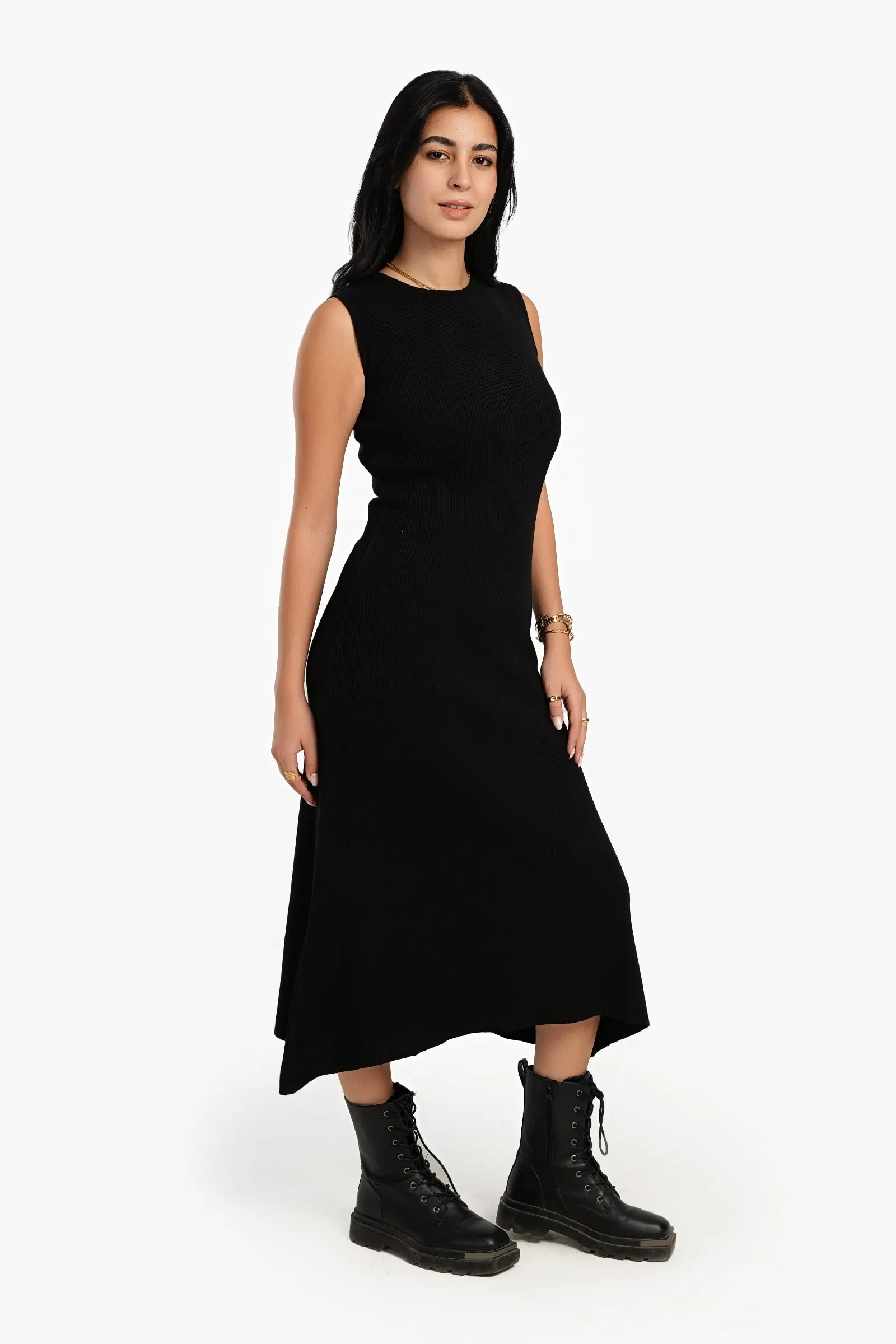 Black Ribbed Asymmetrical Dress