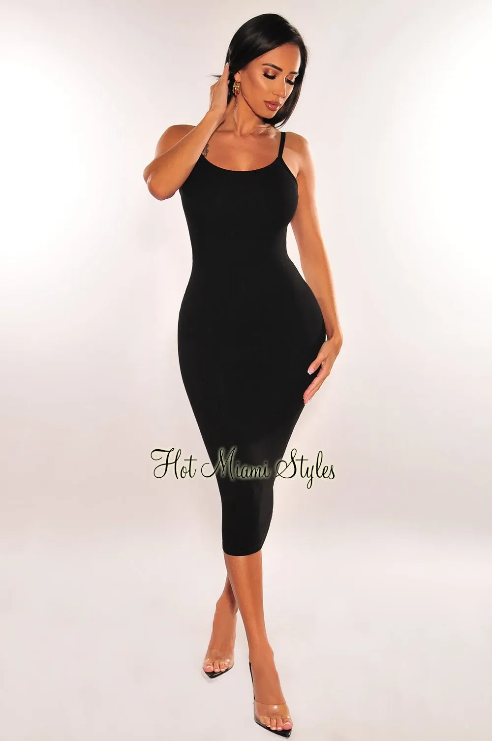 Black Ribbed Knit Spaghetti Straps Scoop Back Midi Dress