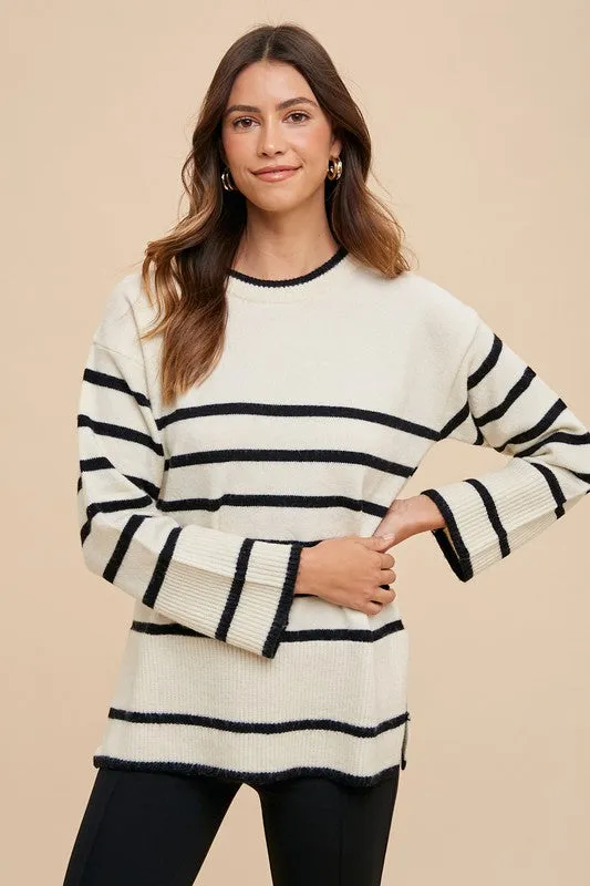 Blue Zone Planet |  Annie Wear Side Slit Striped Round Neck Sweater