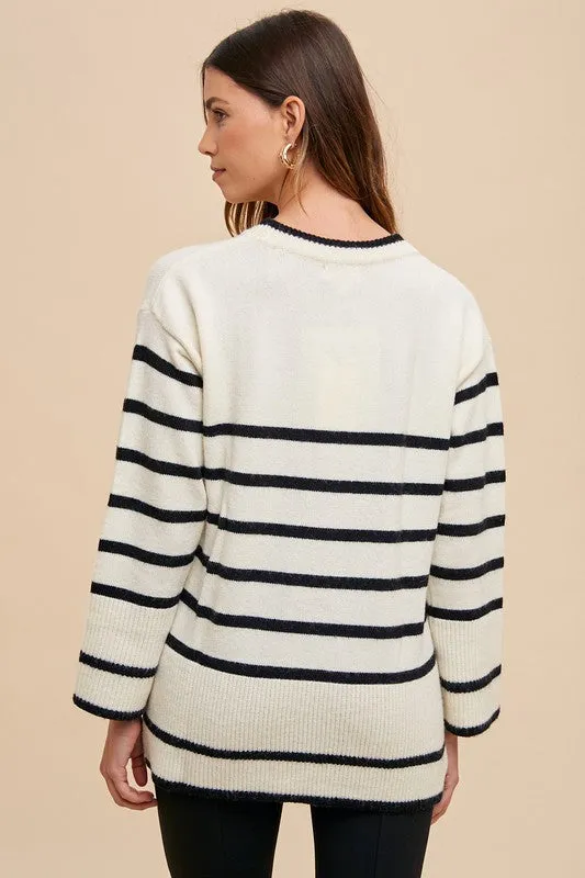 Blue Zone Planet |  Annie Wear Side Slit Striped Round Neck Sweater