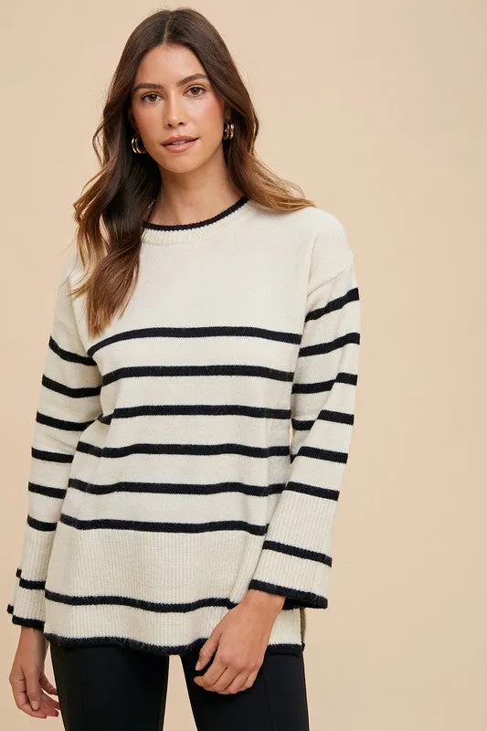 Blue Zone Planet |  Annie Wear Side Slit Striped Round Neck Sweater