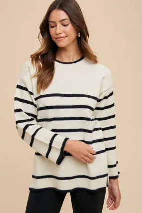 Blue Zone Planet |  Annie Wear Side Slit Striped Round Neck Sweater