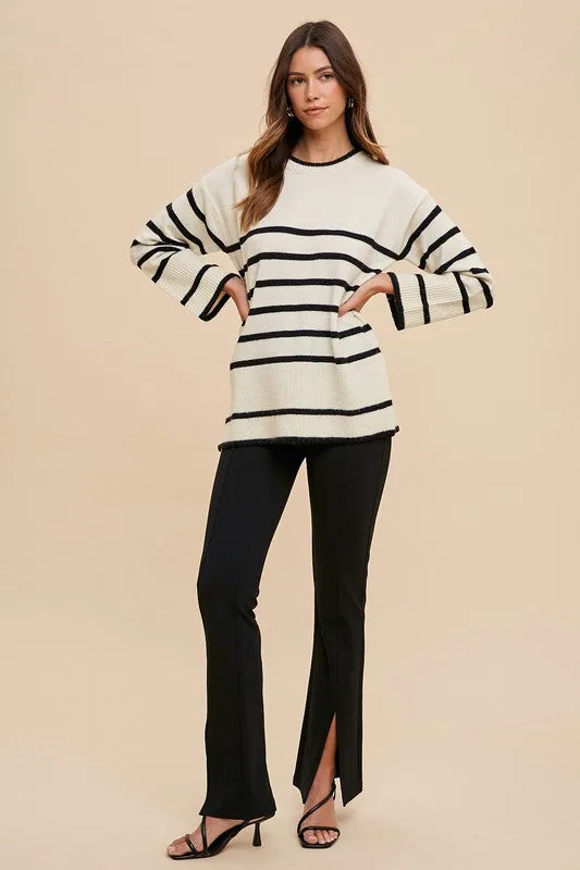 Blue Zone Planet |  Annie Wear Side Slit Striped Round Neck Sweater