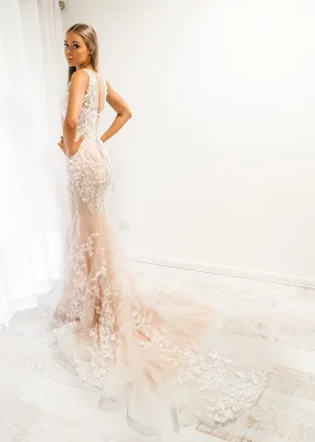 Blush pearl mermaid dress for hire