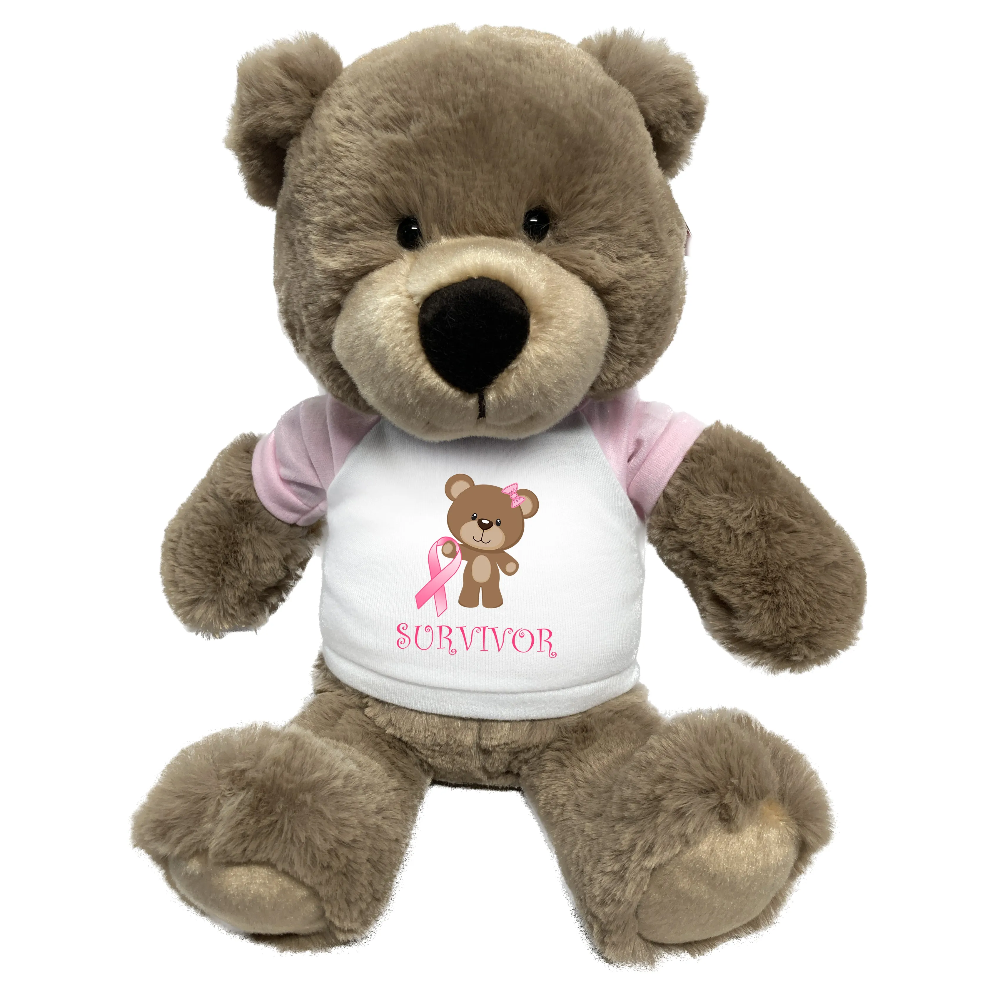 Breast Cancer Support Teddy Bear - Personalized 14" Taupe Bear, Survivor or Believe Design