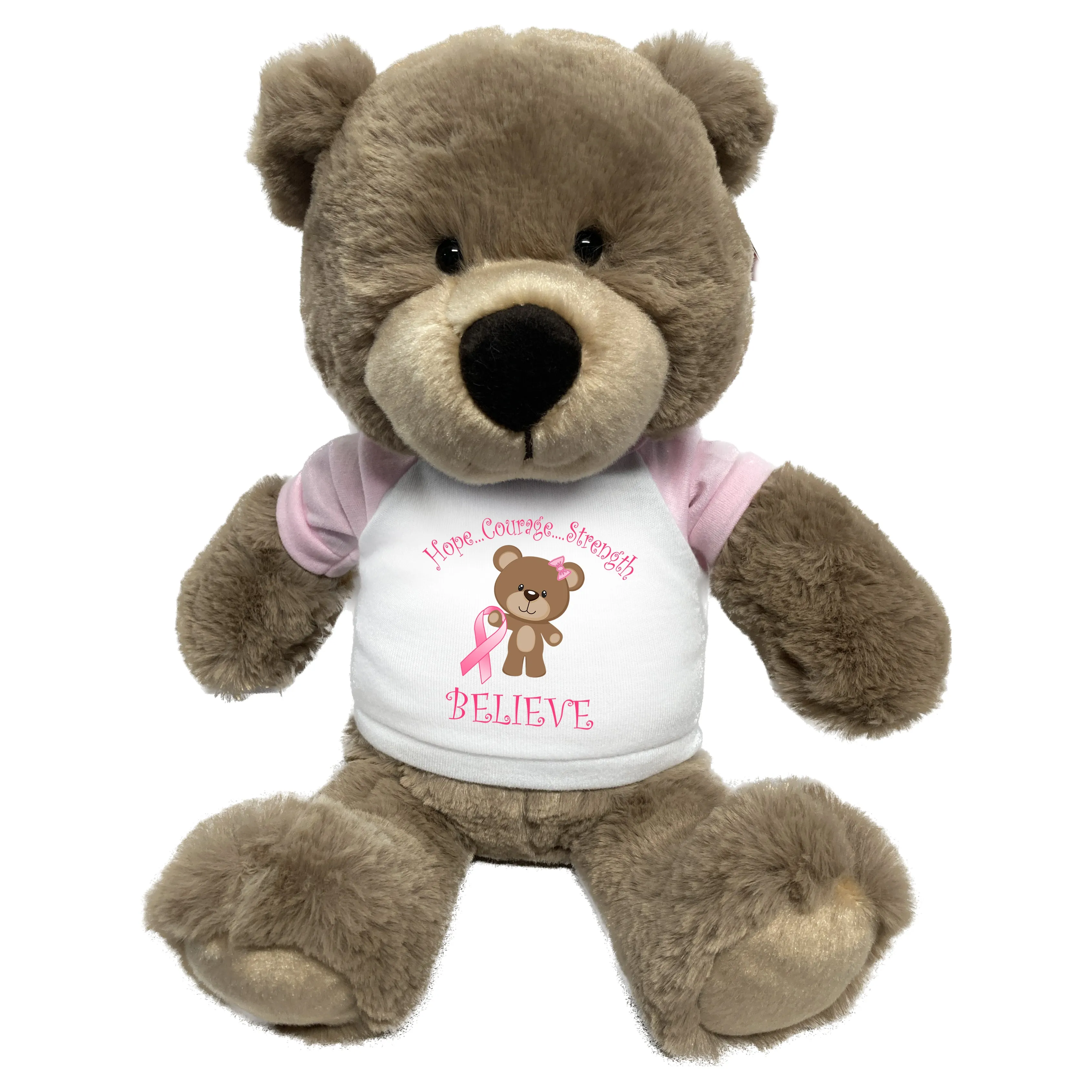 Breast Cancer Support Teddy Bear - Personalized 14" Taupe Bear, Survivor or Believe Design