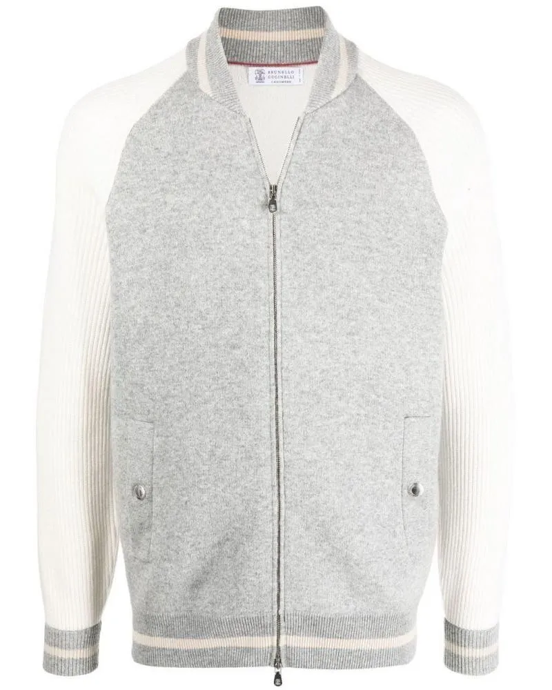 Brunello Cucinelli Mens Zipped Bomber Cardigan in White & Gray