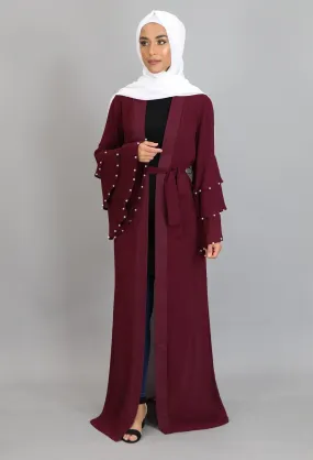 Burgundy Chiffon Pearls Abaya Cardigan Dress