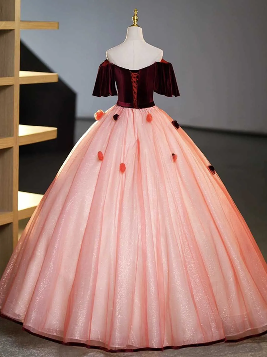 Burgundy Velvet Tulle Long Formal Dress, Off the Shoulder Sweet Flower Party Dress