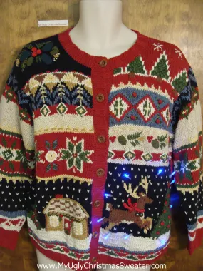 Busy Leaping Reindeer Tacky Xmas Sweater with Lights