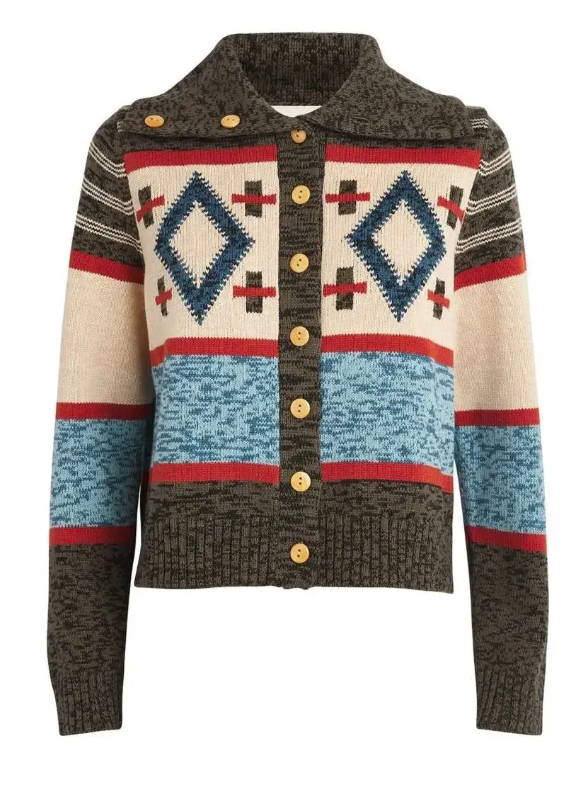 Button-Down High-Collar Mixed-Print Wool Cardigan Sweater