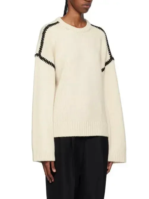 Cashmere and Wool Stitch Contrast Sweater in White