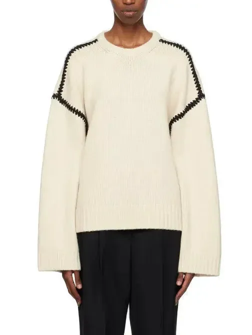 Cashmere and Wool Stitch Contrast Sweater in White