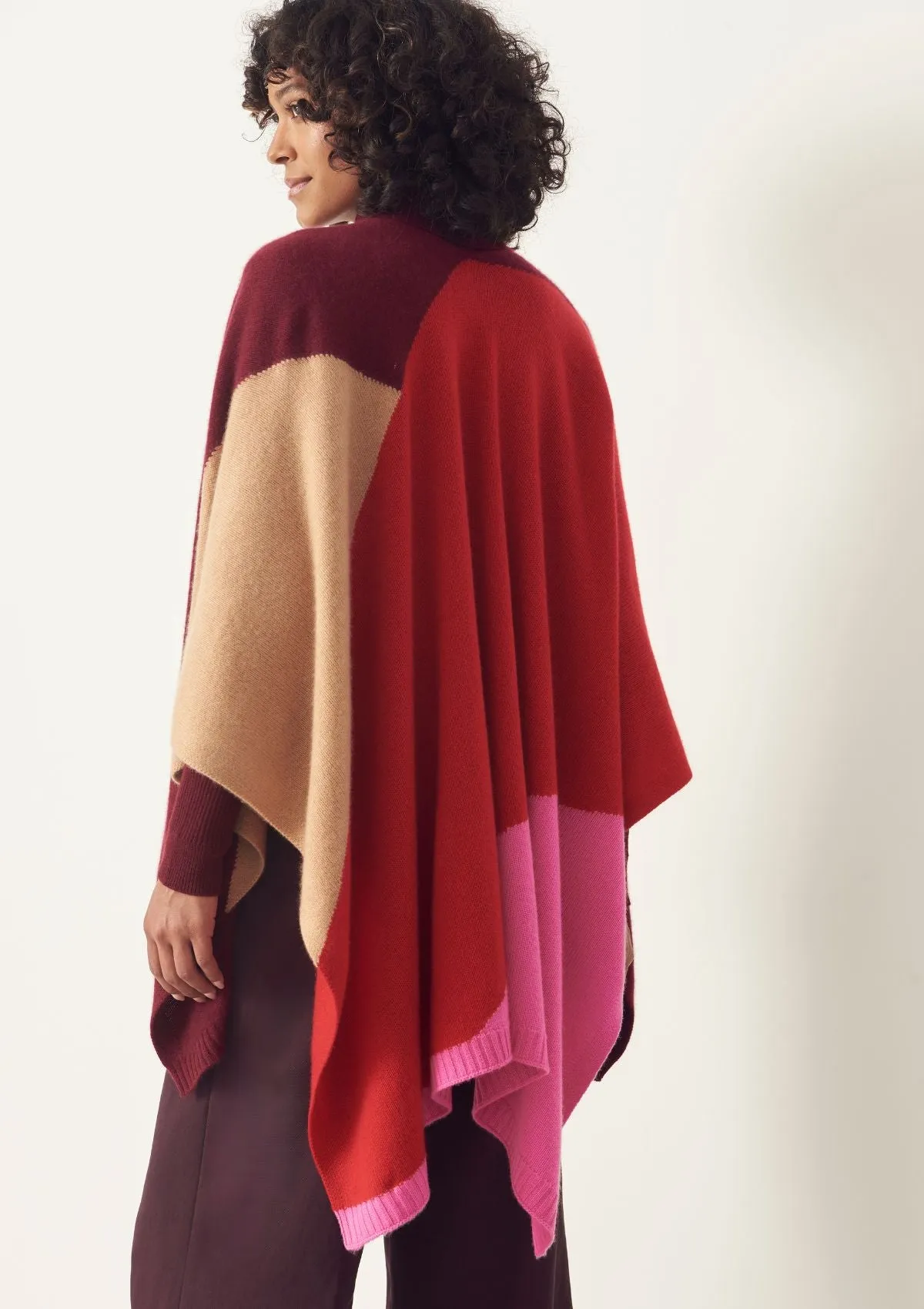 Cashmere Colour Block Rib Edged Cape in Plum Red