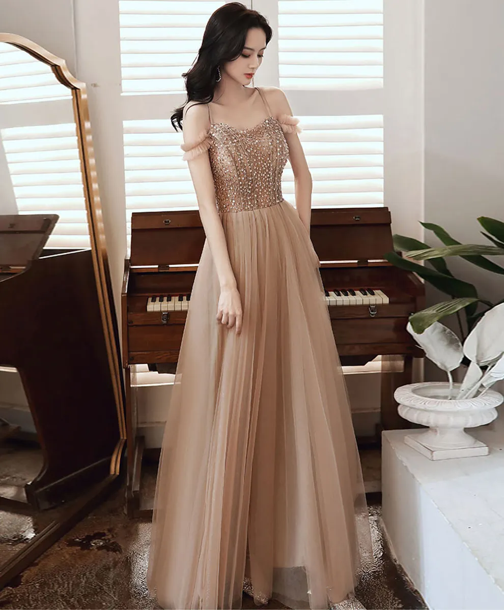 Champagne Sweetheart Aline Long Prom Dress with Beading