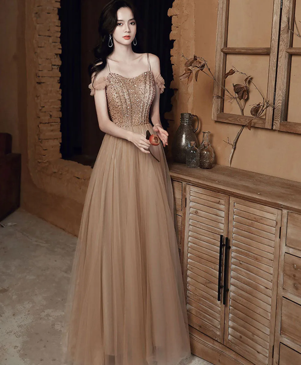 Champagne Sweetheart Aline Long Prom Dress with Beading