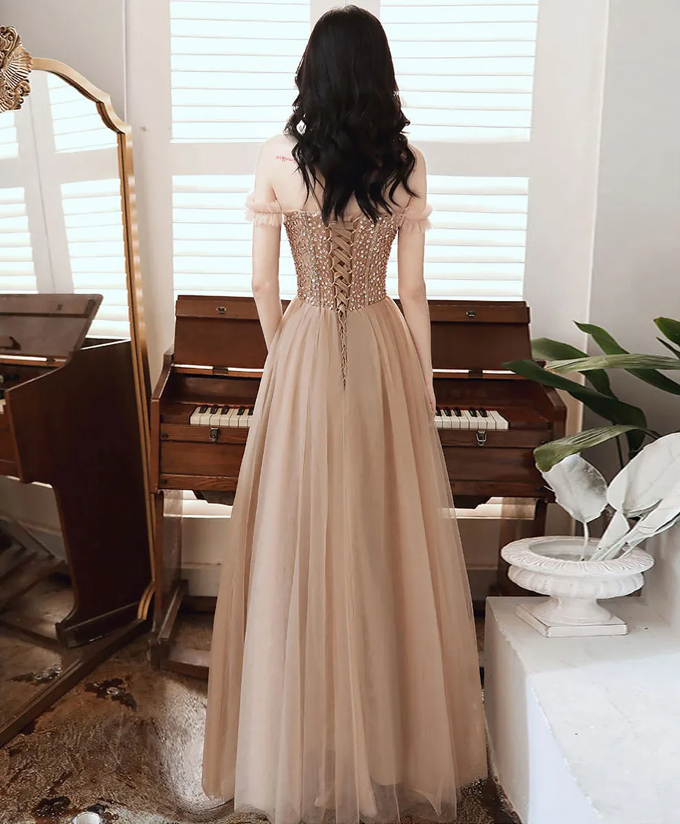 Champagne Sweetheart Aline Long Prom Dress with Beading