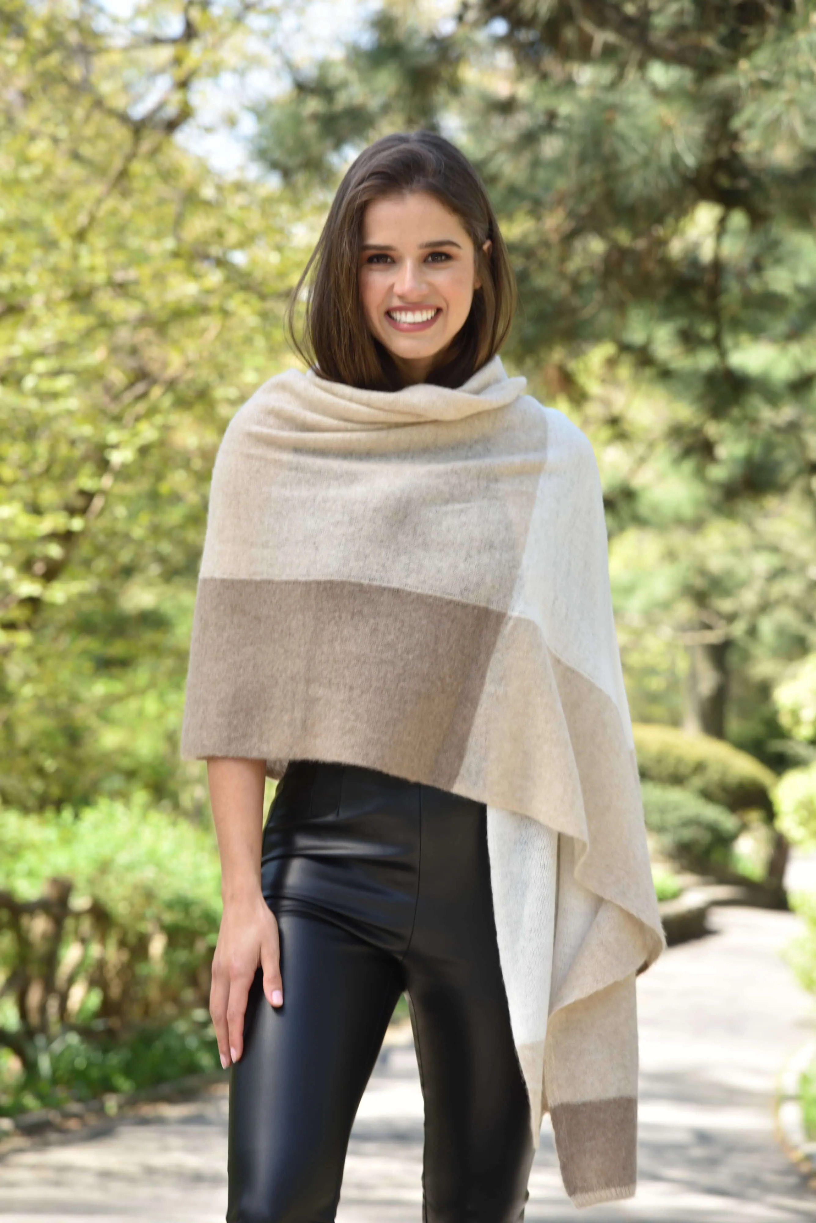 Colorblock Cashmere Blend Scarf - Beige - One Size (26x80 inches)