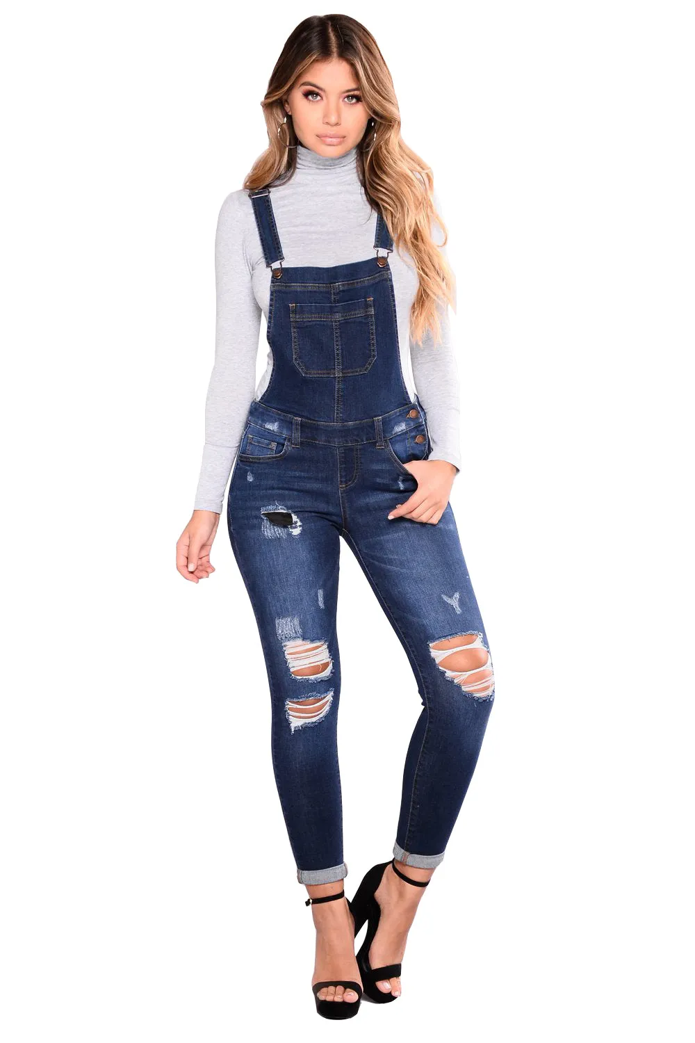 Dark Blue Wash Distressed Denim Overall