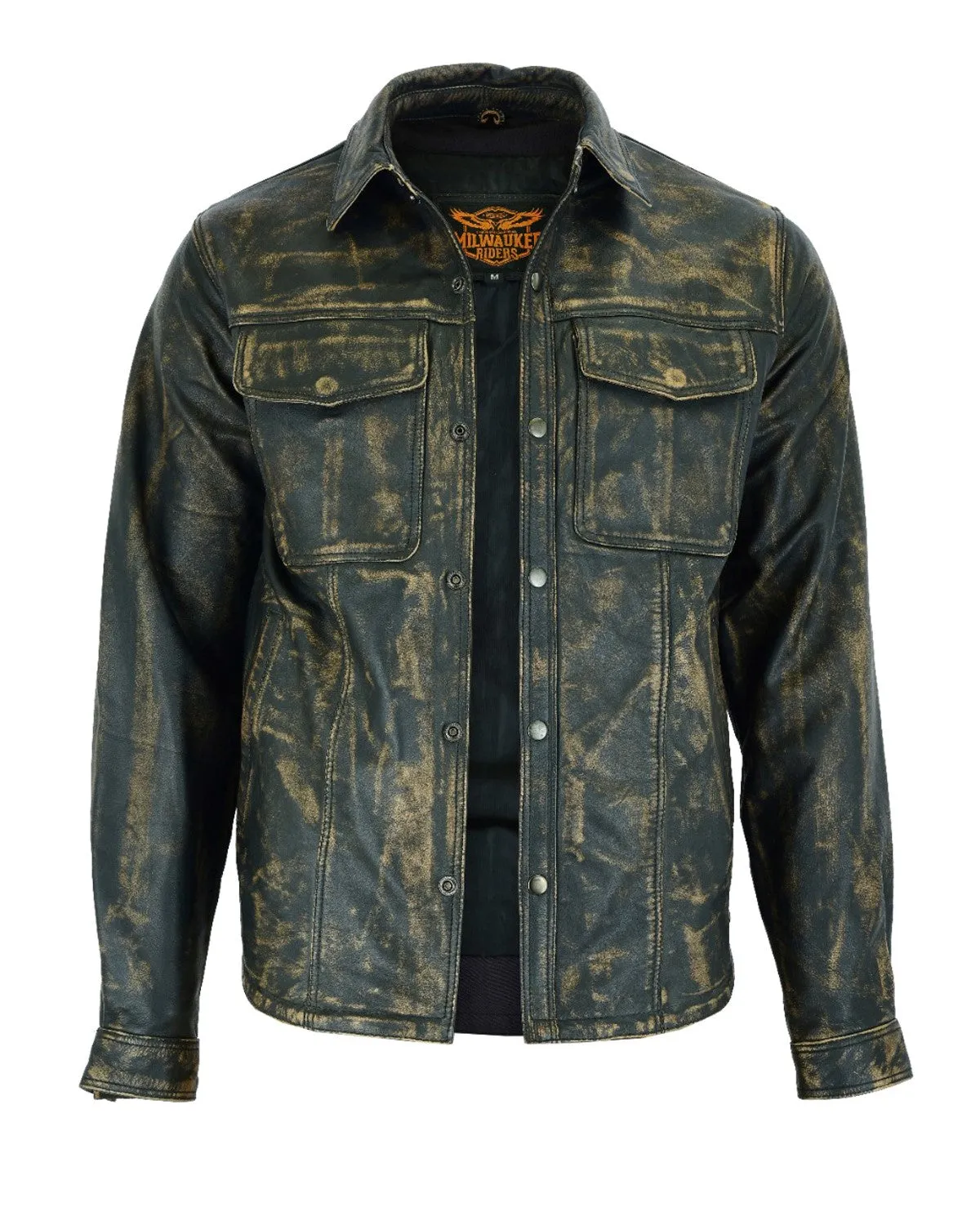 Dream Apparel® Mens Distressed Brown Leather Motorcycle Shirt with Concealed Carry