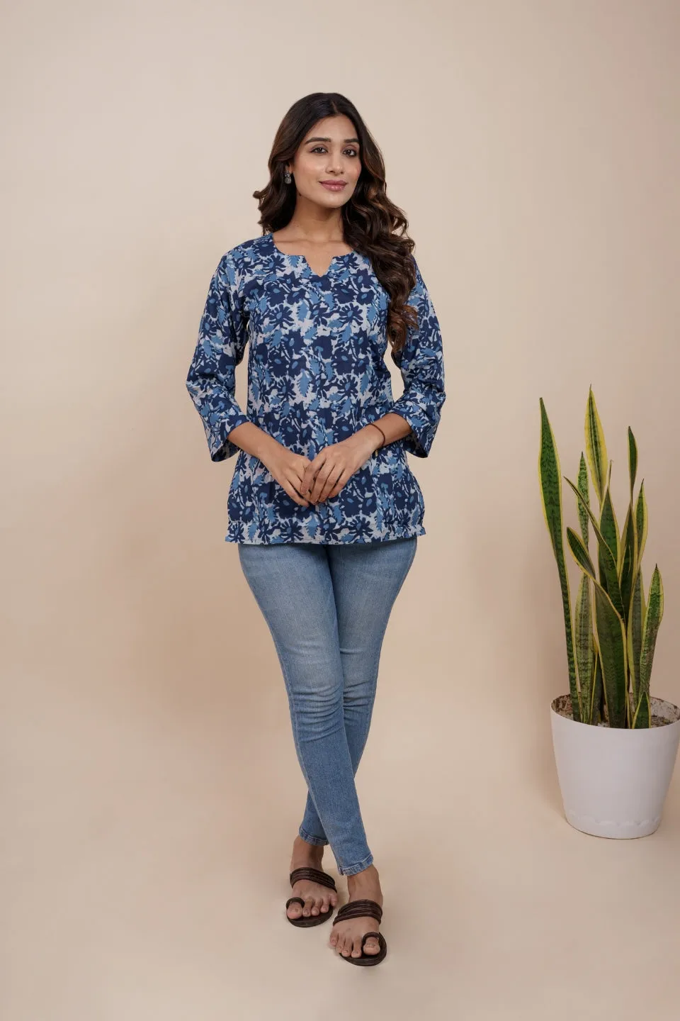 Ekisha's women blue multicolor beautiful designer floral printed cotton tunic top short kurti