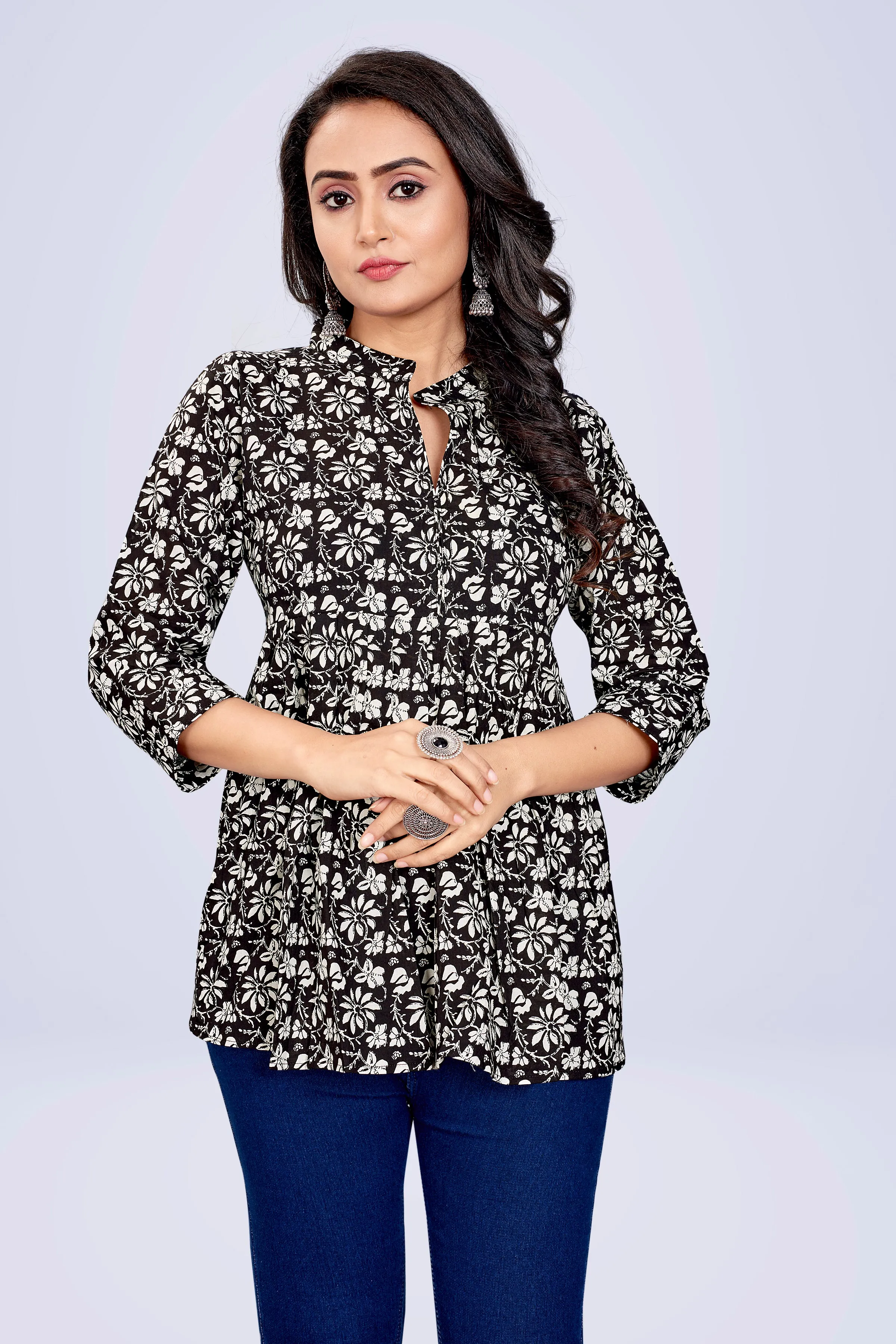 Ekisha's women printed black cotton tunic top short kurti