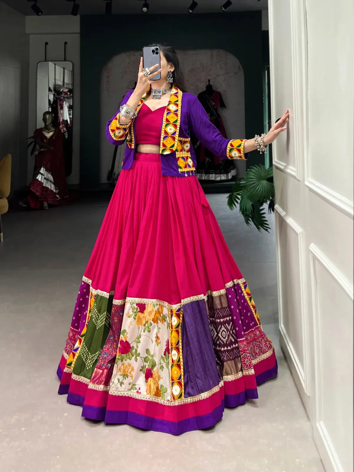 Elegant Pink Jacket Lehenga Choli For Navratri