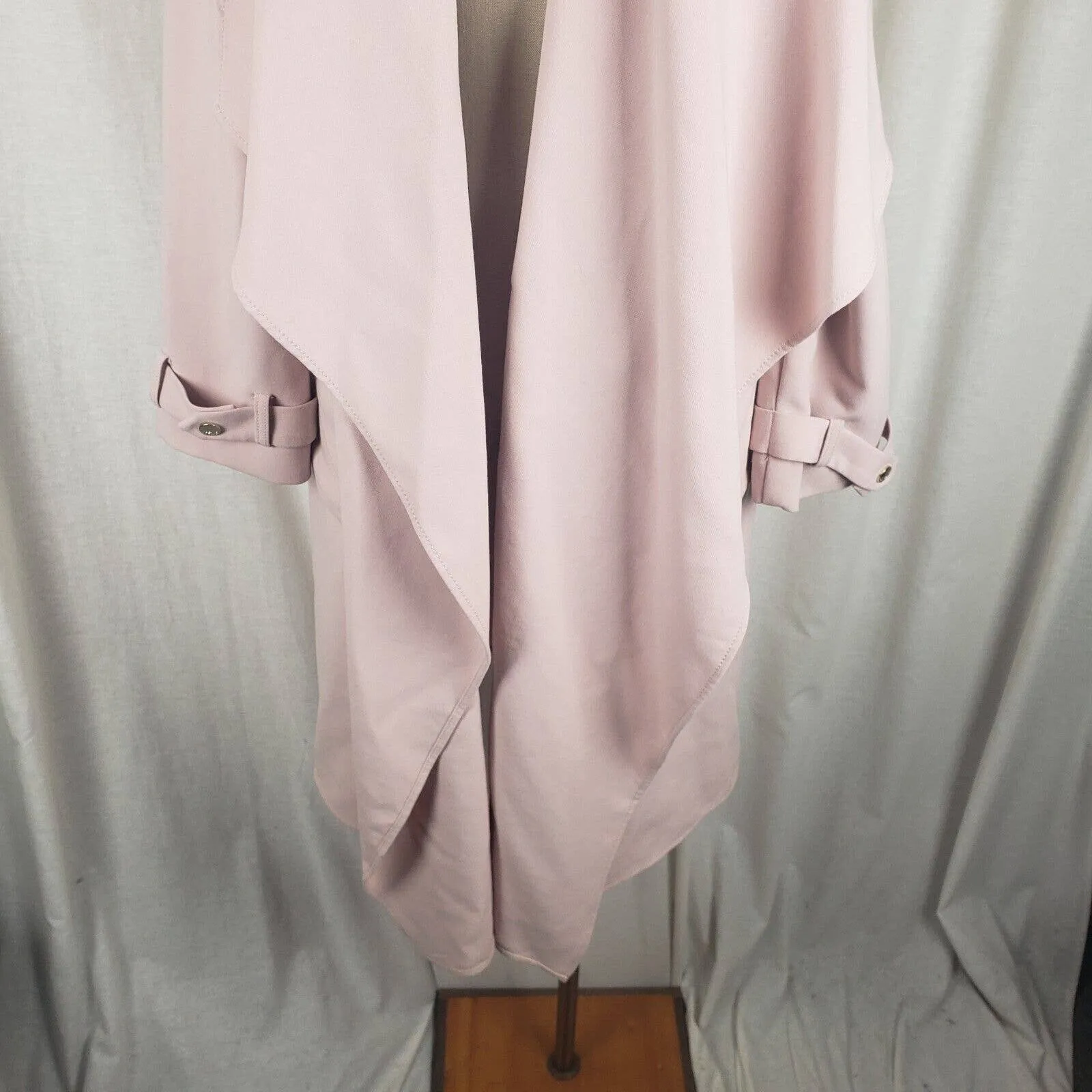 Eliza J Stretch Shawl Collar Draped Ruffled Swing Wrap Coat Womens L Blush Pink