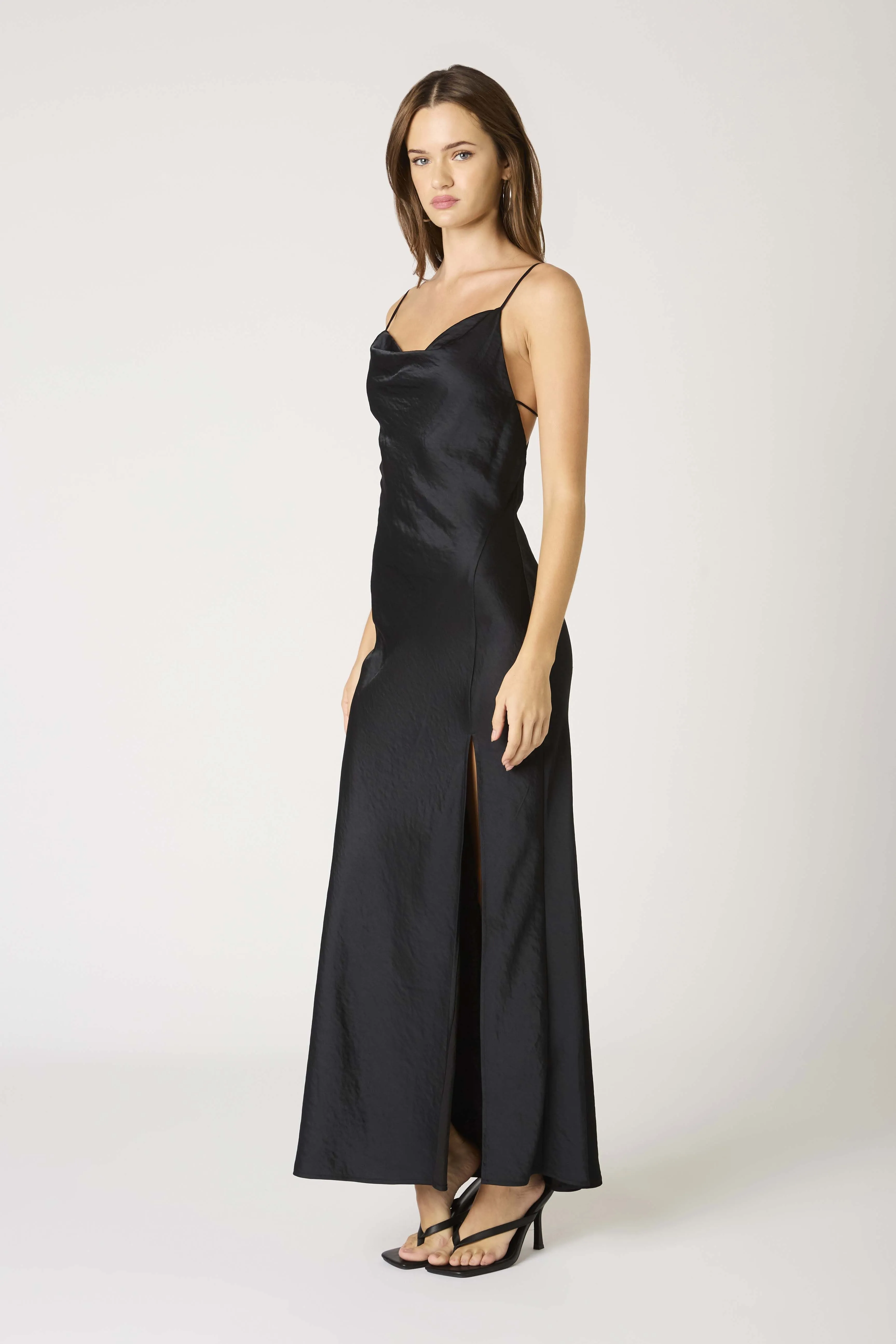 Elodie Cowl Satin Slip Maxi Dress Formal Gown - Black