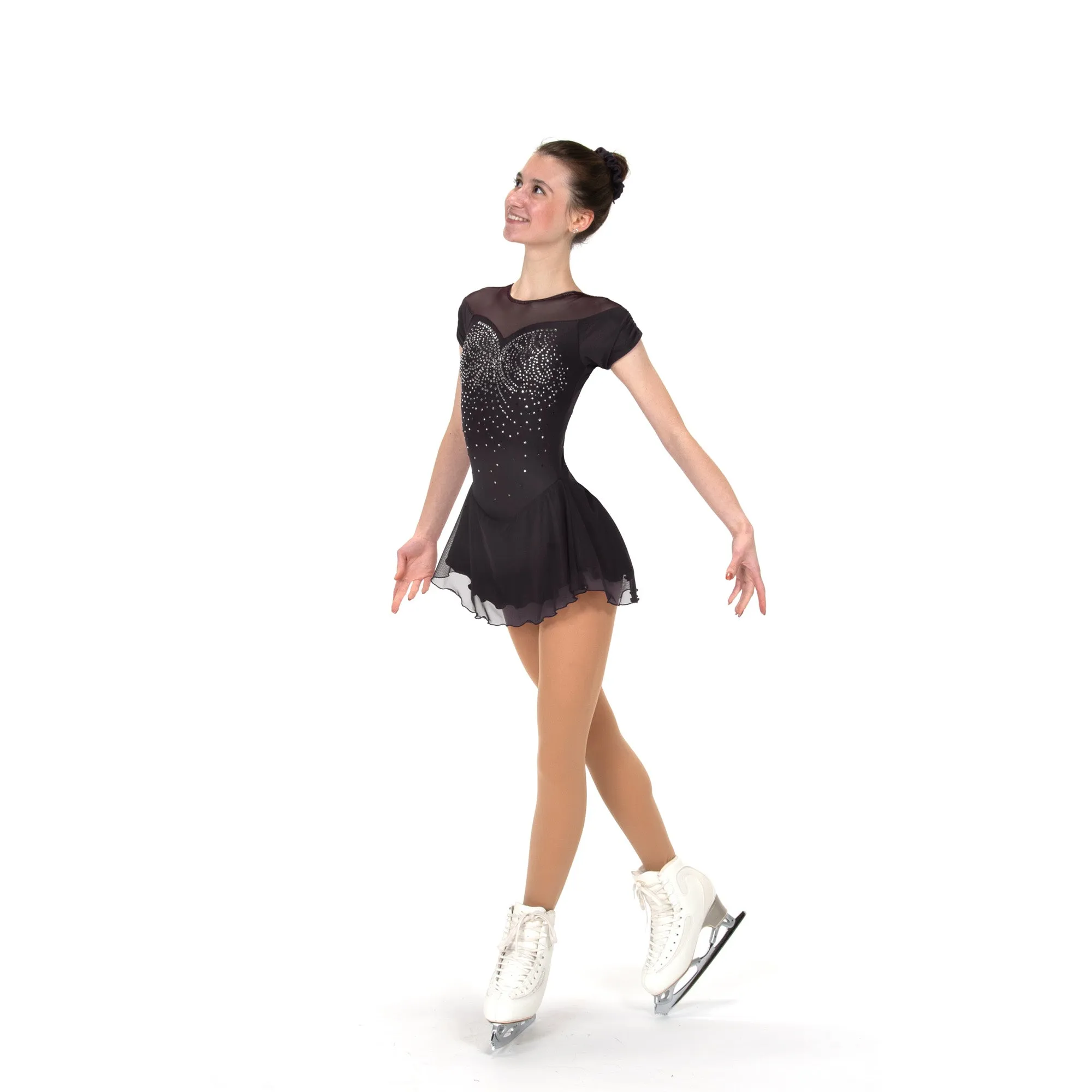 F22001R Competition Figure Skating Shirred Sleeve Dress CRYSTALS