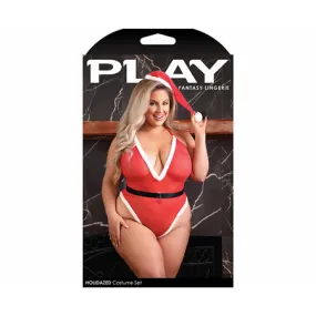 Fantasy Lingerie Play Holidazed Sheer Sparkle Mesh Teddy with Faux Fur Trim: Belt & Santa Hat Red 1XL/2XL