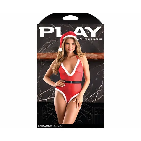 Fantasy Lingerie Play Holidazed Sheer Sparkle Mesh Teddy with Faux Fur Trim: Belt & Santa Hat Red L/XL