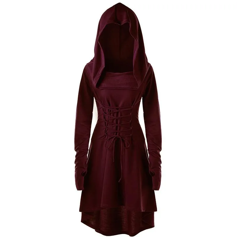 Female's Vintage Renaissance Costumes Hooded Robe Lace Up Dress | Front tie-up Hoodie Dress